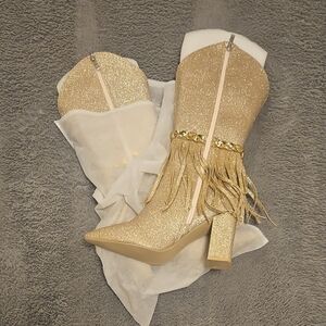 Elegant Gold Women's Heeled Boots with Fringe